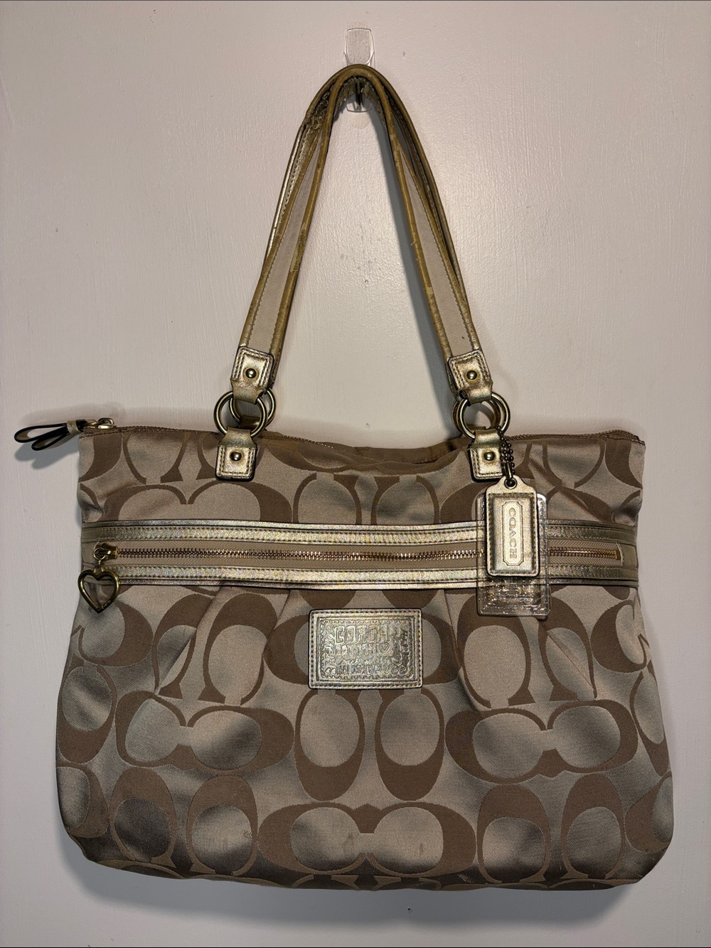 Coach Daisy Poppy 2010 Y2K Signature Sateen Shoulder Tote Bag Khaki Gold